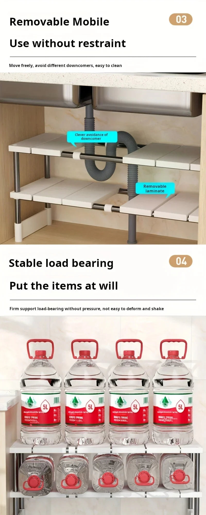 Kitchen Bathroom Cabinet Organizer Durable Multi-Layer Space-Saving Pot Holder Adjustable Under Sink Storage Rack Expandable