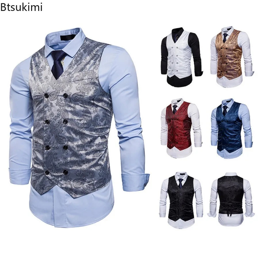 New Men's High-end Jacquard Suit Vest Fashion Double Breasted Slim Vintage Print Formal Waistcoats Men Party Wedding Vest Jacket