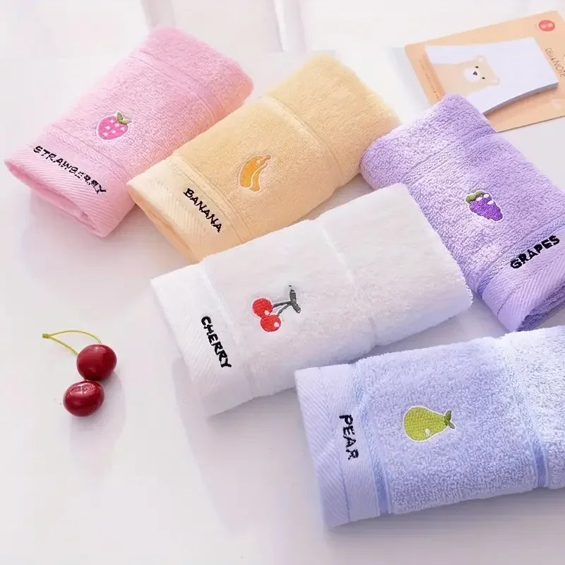 Set of 5 Soft Cotton Embroidered Fruit Theme Hand Towels - Ultra soft, absorbent and quick drying face towel with design