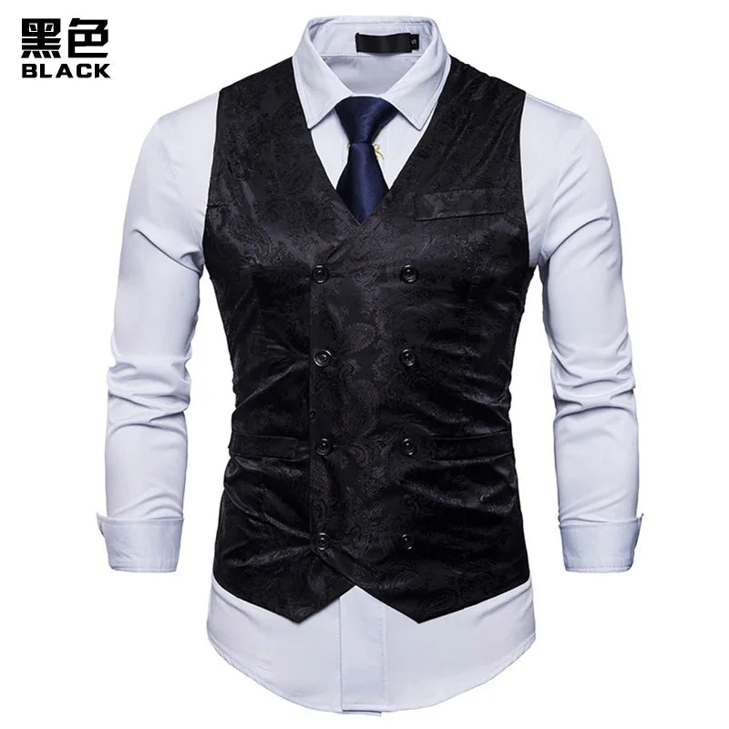 New Men's High-end Jacquard Suit Vest Fashion Double Breasted Slim Vintage Print Formal Waistcoats Men Party Wedding Vest Jacket