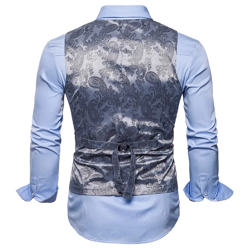 New Men's High-end Jacquard Suit Vest Fashion Double Breasted Slim Vintage Print Formal Waistcoats Men Party Wedding Vest Jacket