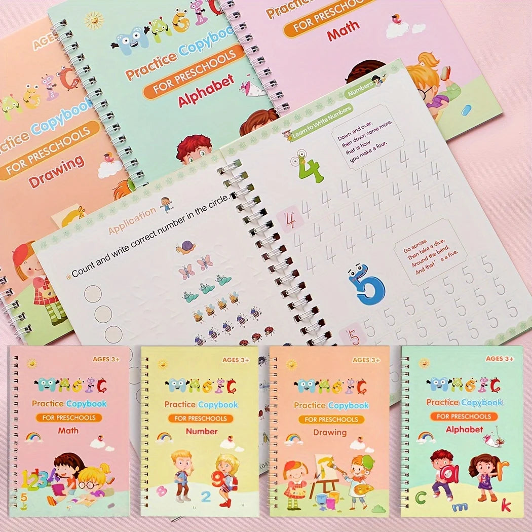 3D Groove Writing Pad Children's Magic Practice Copybooks Set with Pen Reusable Kids Workbooks for Handwriting  4-Pack