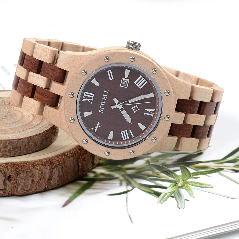 Men's Wooden Watches Handmade Date Display Analog Quartz Luminous Wristwatch