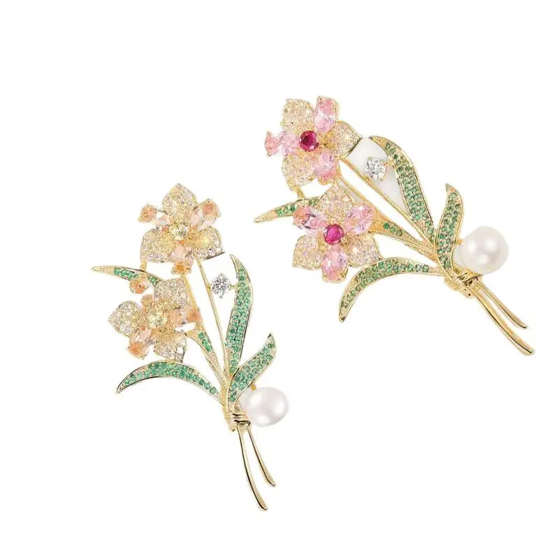 Exquisite Sparkling Crystal Rhinestone Flower Pearl Brooches For Women Clothing Coat Jewelry Accessries Gifts