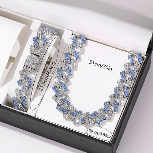 2pcs Jewelry Set Hip Hop Geometric Cuban Chain Neck Fashionable High Quality Hip Hop Rhinestones Neck Bracelet Jewelry holiday gi
