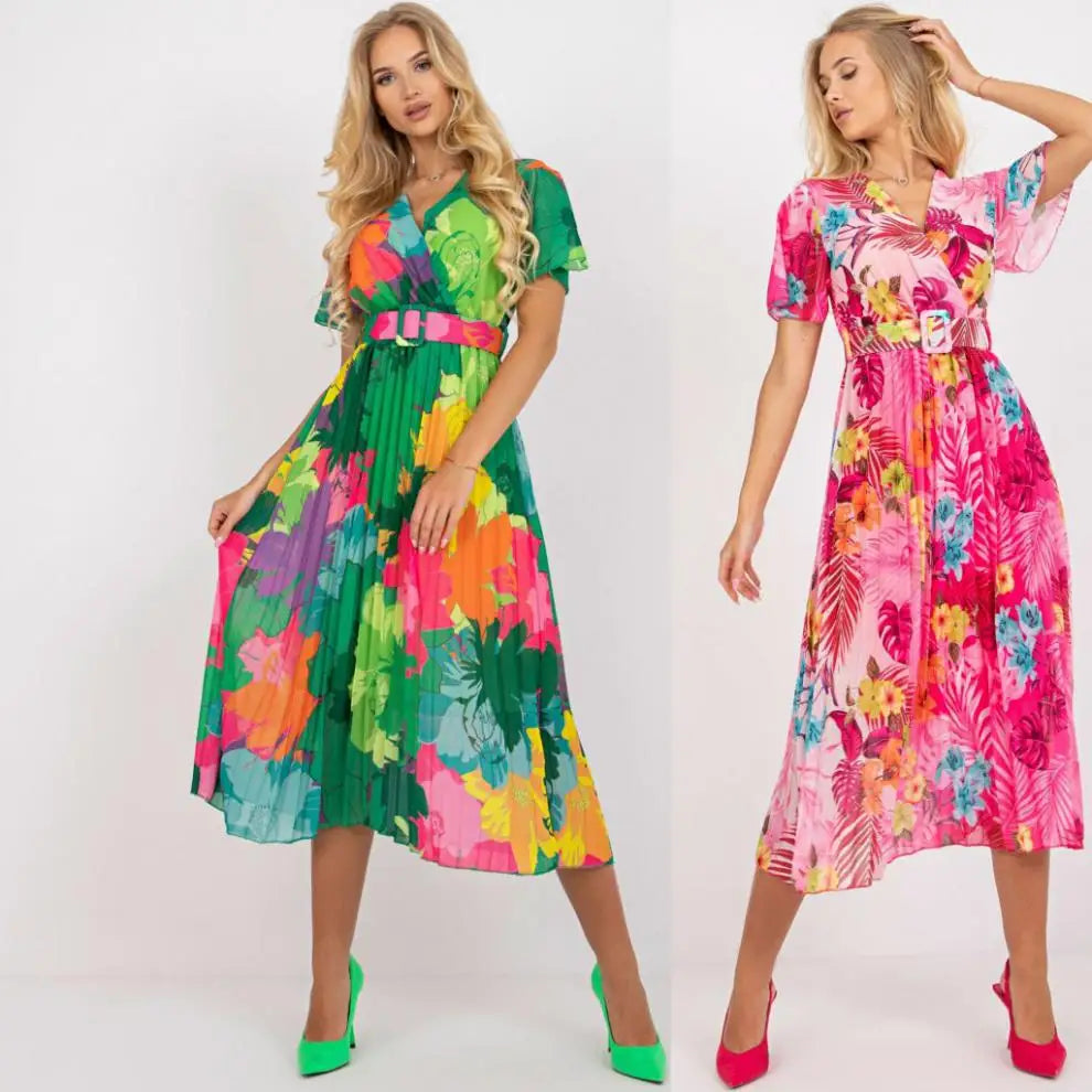 Women's Summer Dress New Summer V-neck Dress Women's Printed High Waist Pleated Skirt Fashion Holiday Party Dress Dresses Robe