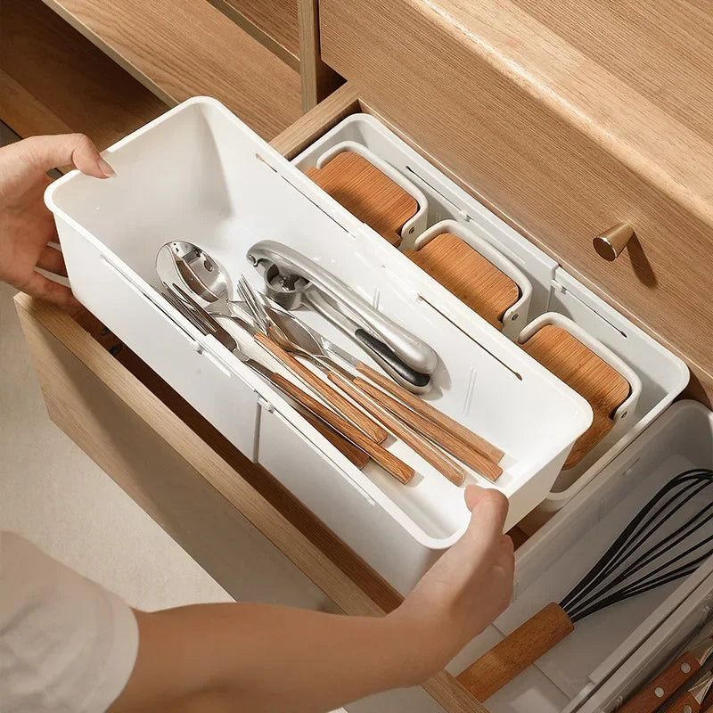 Kitchen Telescopic Drawer Organizer Cabinets Tableware Classified Storage Box with Partitions Multifunctional Storage basket