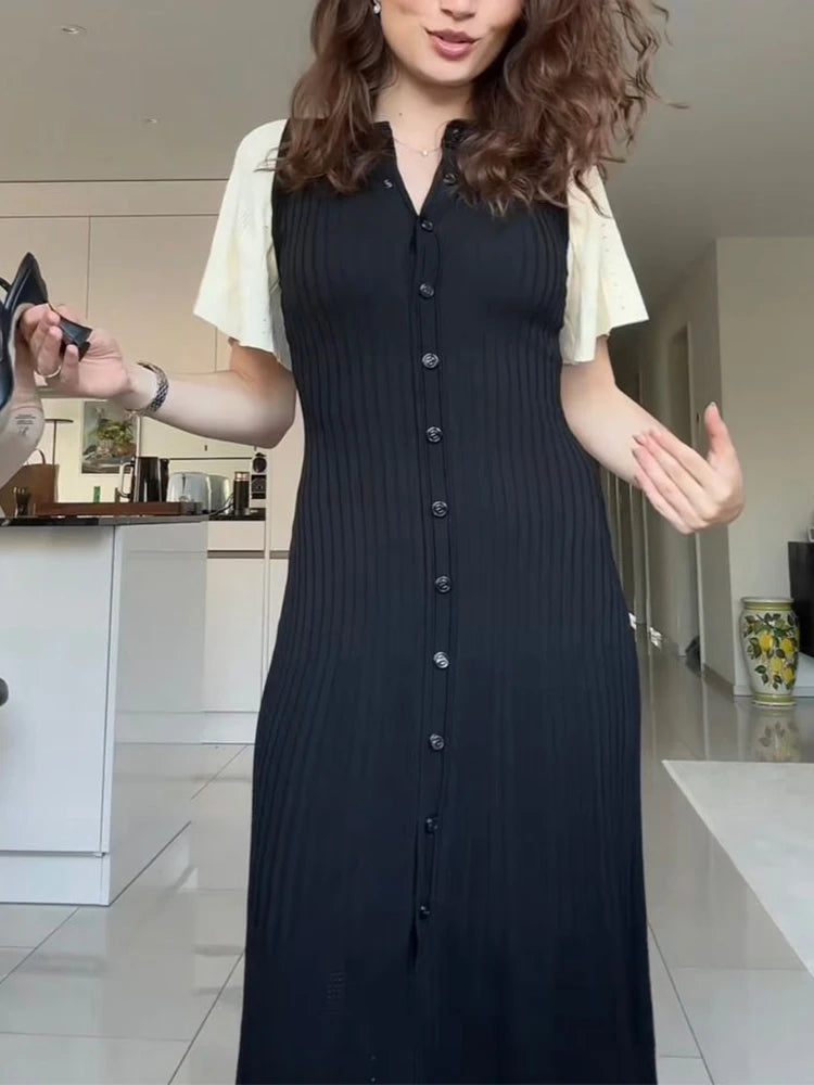 Elegant Pleated Hem Street Fashion O Neck Bell Sleeve Slim Knit Midi Dress 2026 Women Summer Beach Swimsuit Cover Up Tunic A3055