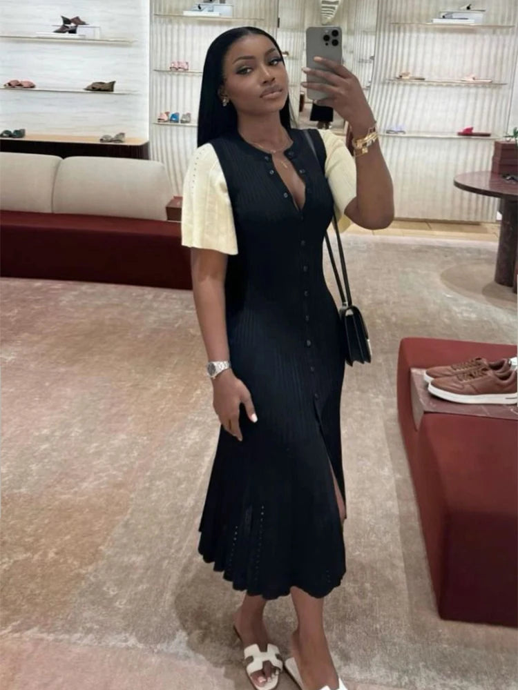 Elegant Pleated Hem Street Fashion O Neck Bell Sleeve Slim Knit Midi Dress 2026 Women Summer Beach Swimsuit Cover Up Tunic A3055