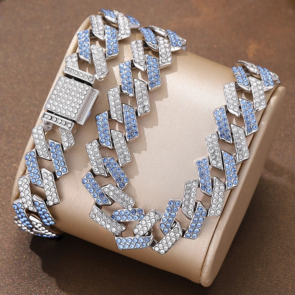 2pcs Jewelry Set Hip Hop Geometric Cuban Chain Neck Fashionable High Quality Hip Hop Rhinestones Neck Bracelet Jewelry holiday gi