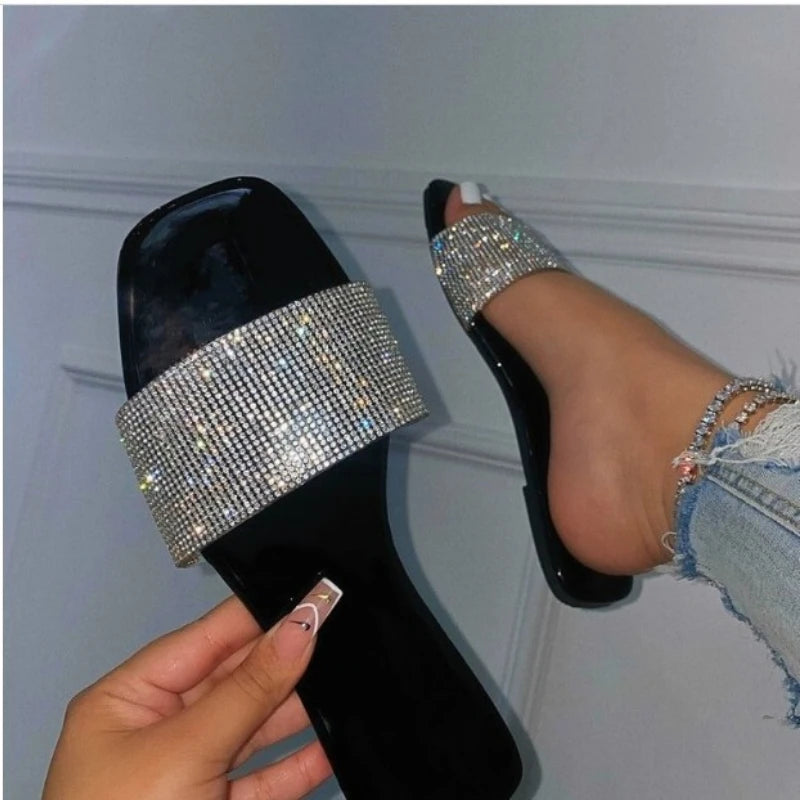 Summer Sandals Women Flip Flops Rhinestone Flat Sandals Ladies Slippers Shoes Female Round Toe Bling Luxury Sandalias Mujer