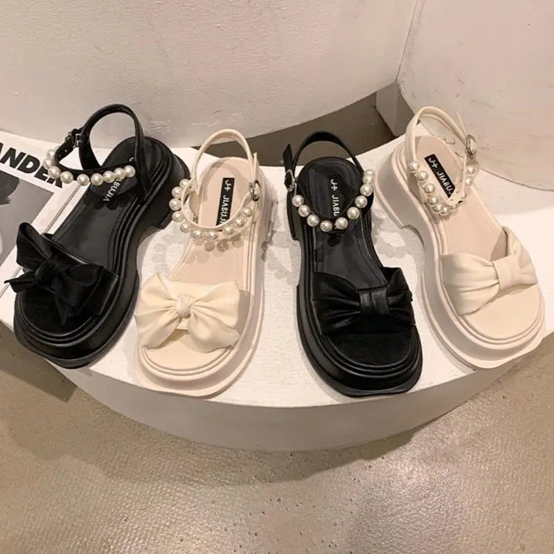 Summer 2025 Sandals for Women Platform One Word Pearl Ladies Shoes Open Toe Beach Wholesale Daily Original Vintage Vip Footwear