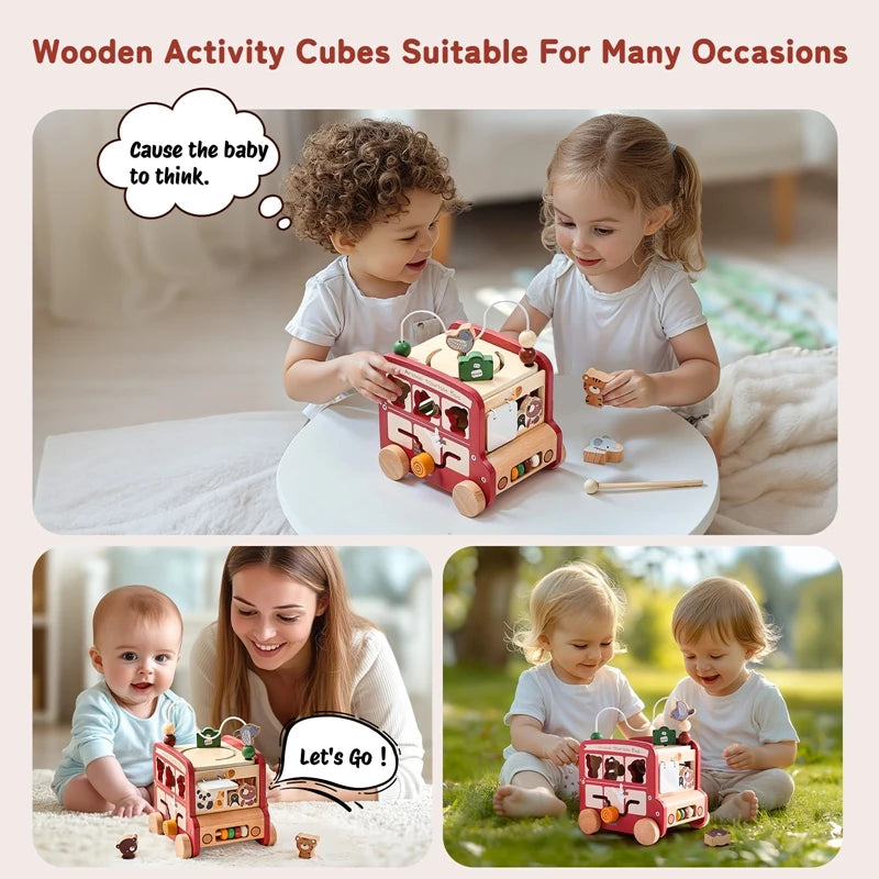 Montessori Wooden Children Toys Busy Toys Educational Games Bus 5 in 1 Busy Box Toys Montessori Baby Toys 0 12 months Gifts Kids