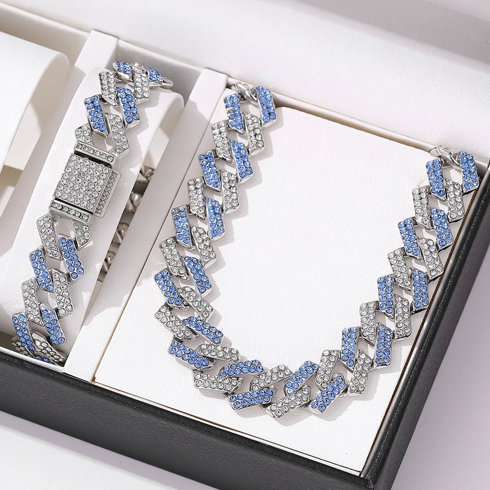 2pcs Jewelry Set Hip Hop Geometric Cuban Chain Neck Fashionable High Quality Hip Hop Rhinestones Neck Bracelet Jewelry holiday gi