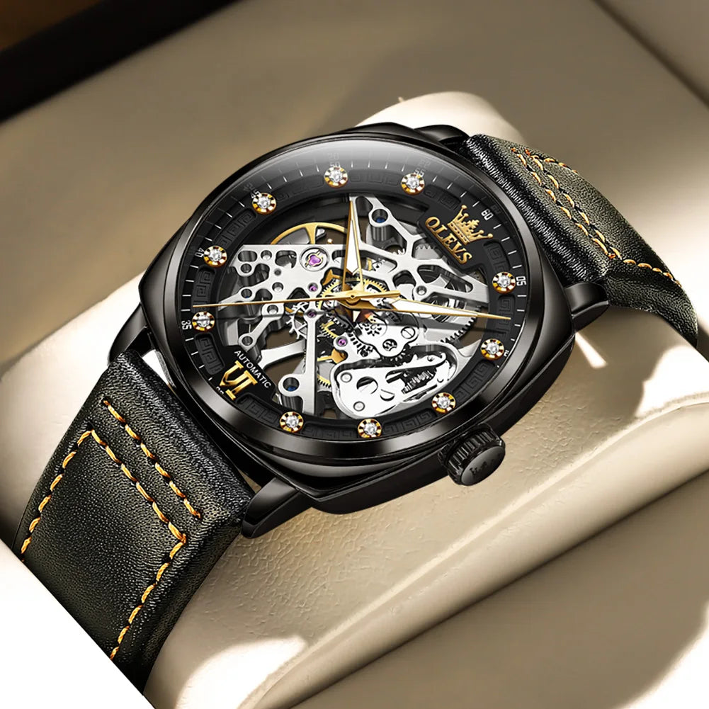 OLEVS 6651 Top Brand Men Watches Fashion Dress Automatic Mechanical Wristwatch Wateproof Luminous Hollow Flywheel Watch for man