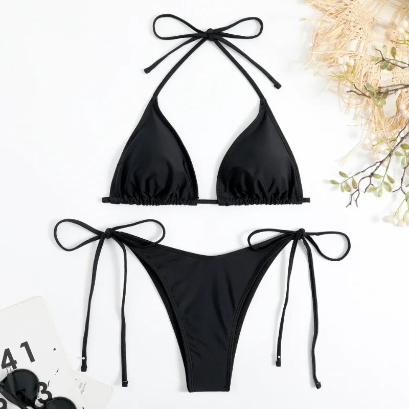Sexy Women Thong Solid Color Bikini Set Women Side Halter Tie Swimsuit Split Strap Adjustable Brazilian Swimwear Beachwear