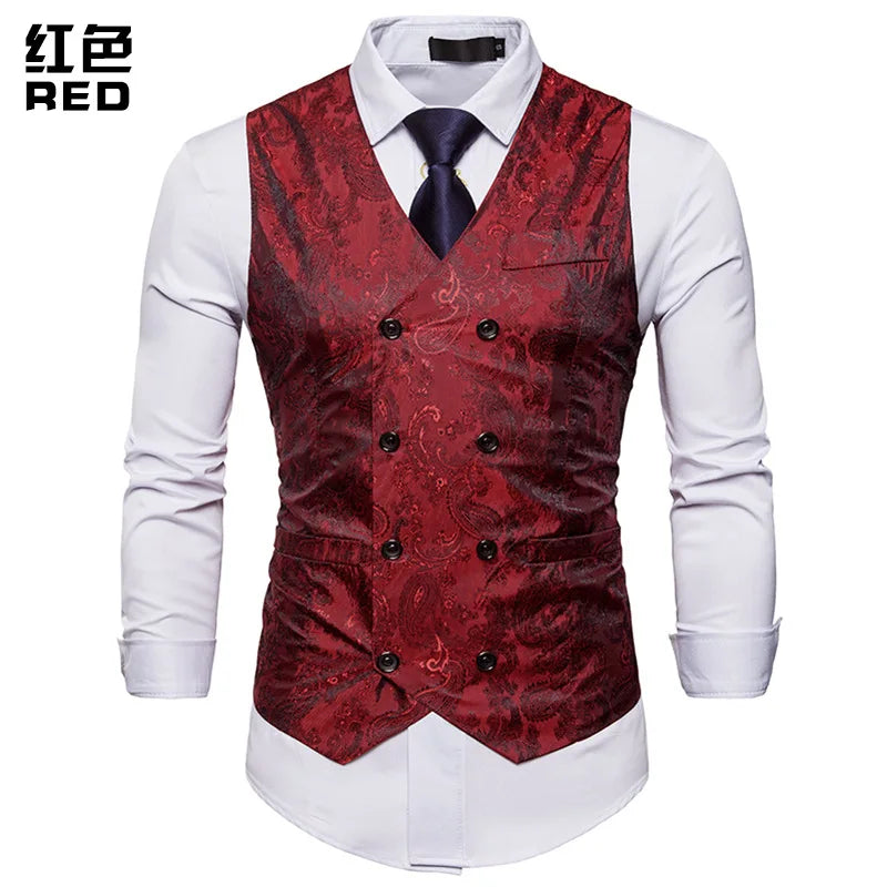New Men's High-end Jacquard Suit Vest Fashion Double Breasted Slim Vintage Print Formal Waistcoats Men Party Wedding Vest Jacket