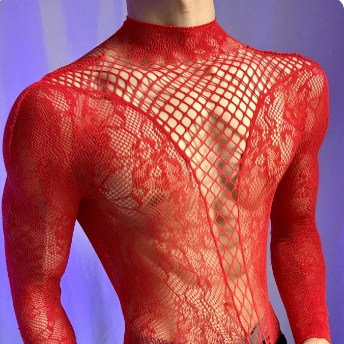 Gentlemen Mesh Clothes White Red Men's Bodysuits Male Long Sleeved Underwear Fetish Breathable Uniforms hombre ropa interior
