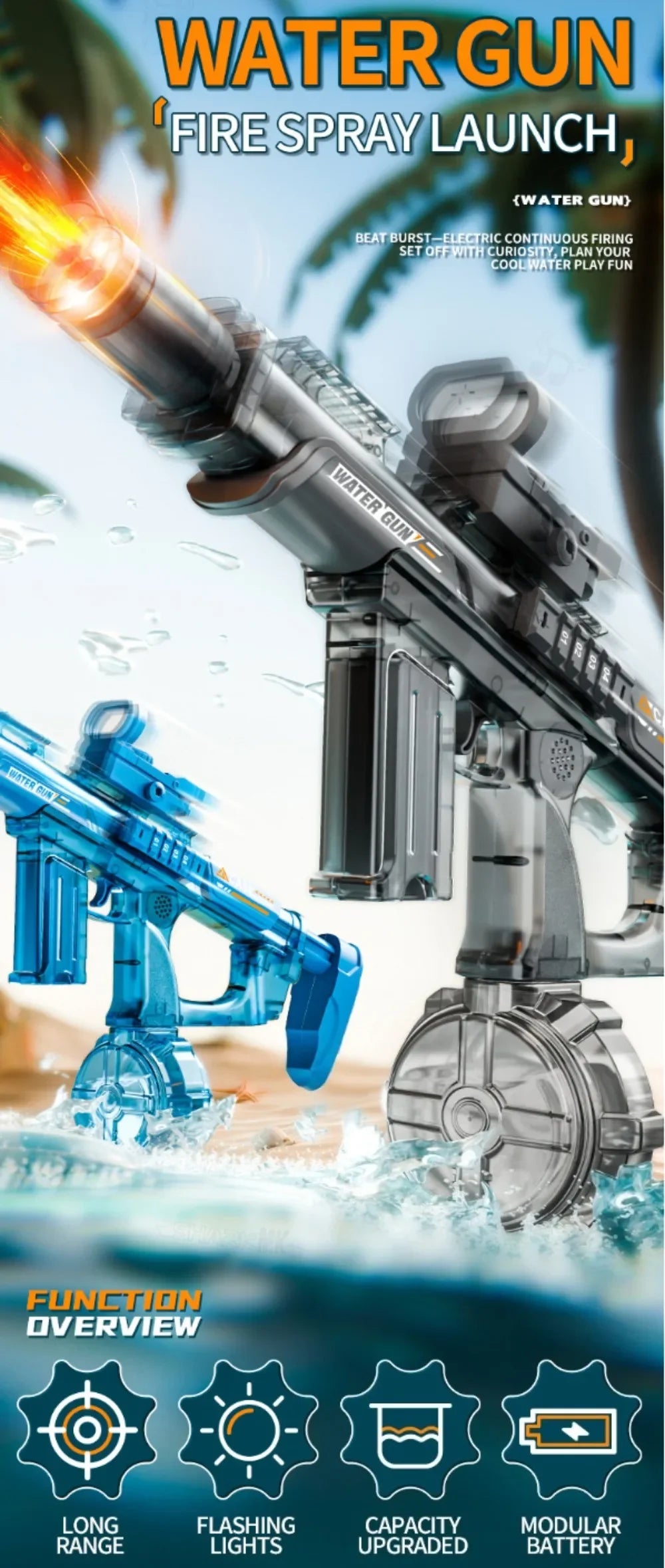 Powerful Electric Water Gun Full Continuous Shooting with Sensor Led Lights Outdoor Beach Water Battle Game for Children