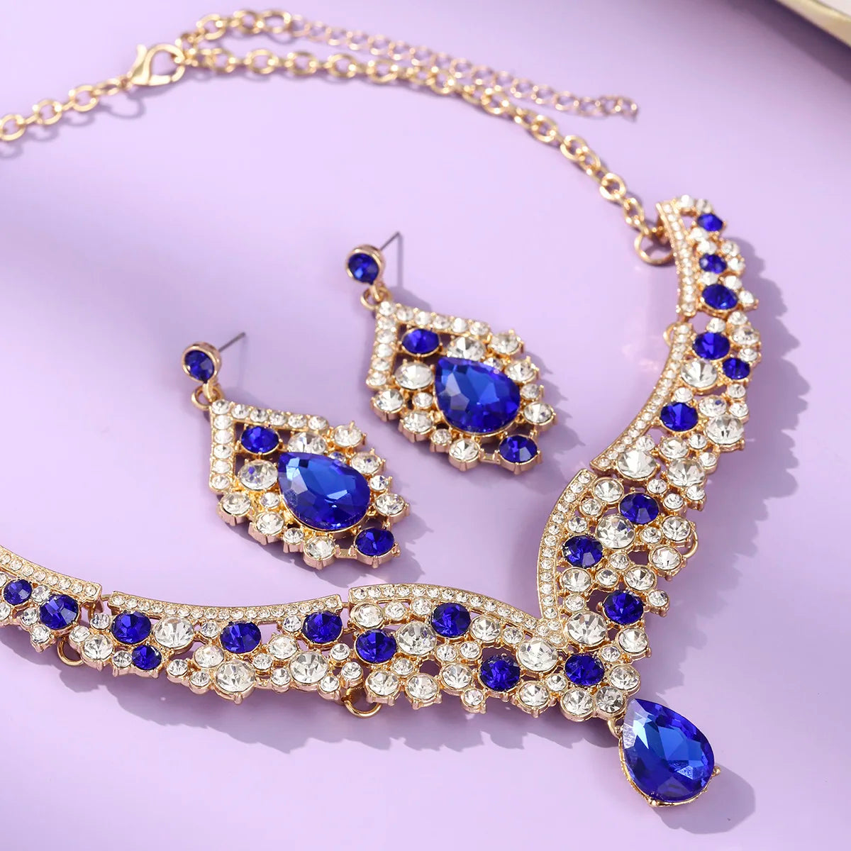 Royal Blue Crystal Wedding Jewelry Sets for Brides Luxurious V-Shape Water Drop Necklace Earrings Set Fashion Trendy Jewelry Ac