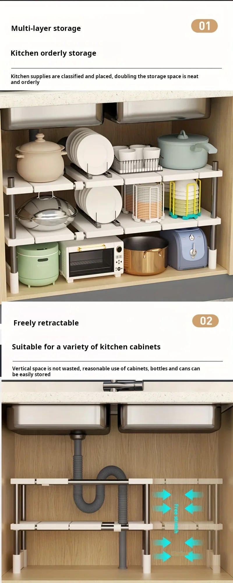 Kitchen Bathroom Cabinet Organizer Durable Multi-Layer Space-Saving Pot Holder Adjustable Under Sink Storage Rack Expandable