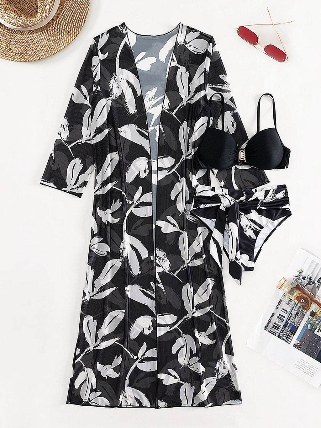 2023 Three Pieces Bikini Set Cover Up Swimwear Women Swimsuit Print Long Sleeve Push Up Bathing Suit Beachwear Swimming Biquini