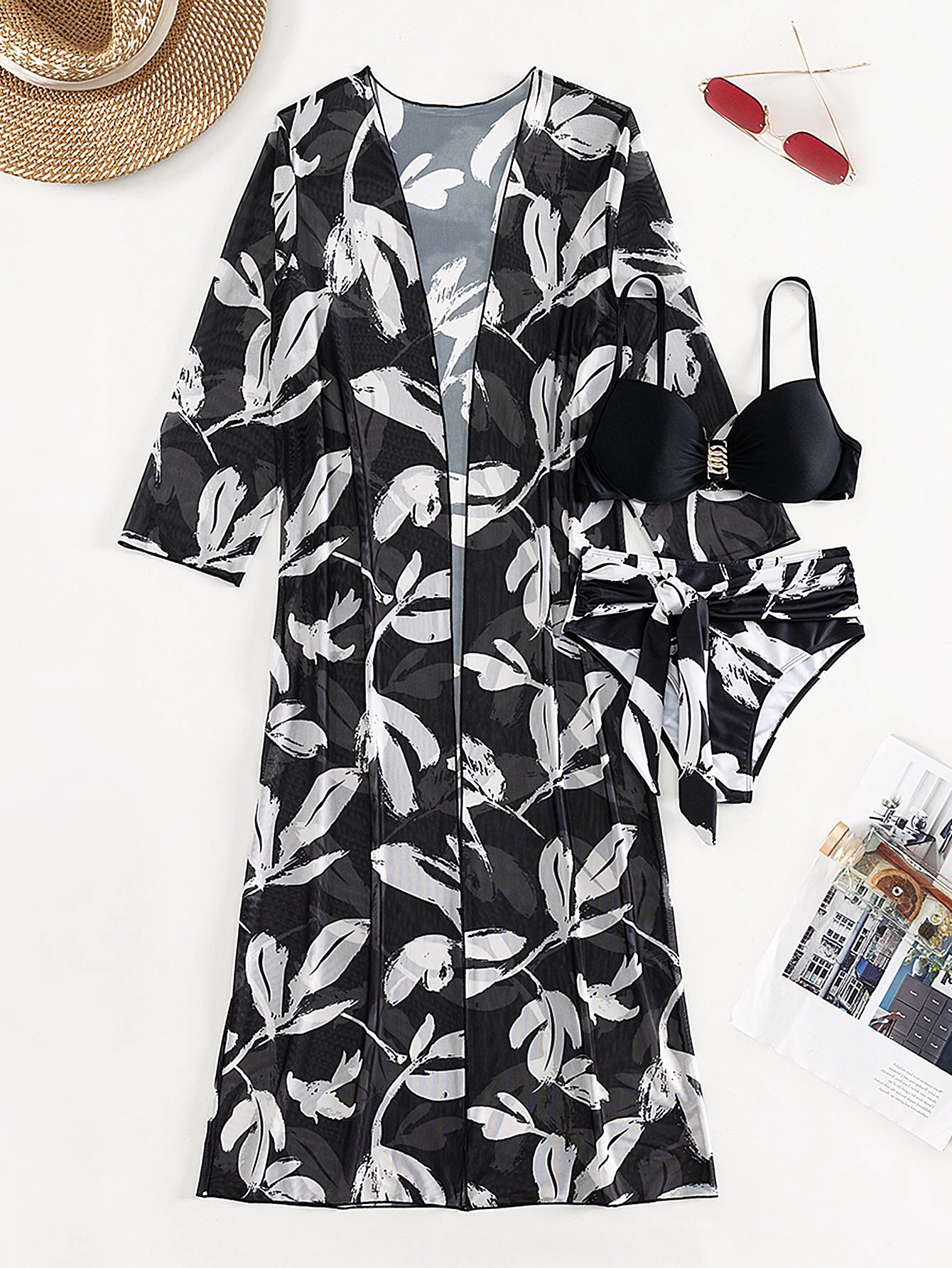 2023 Three Pieces Bikini Set Cover Up Swimwear Women Swimsuit Print Long Sleeve Push Up Bathing Suit Beachwear Swimming Biquini
