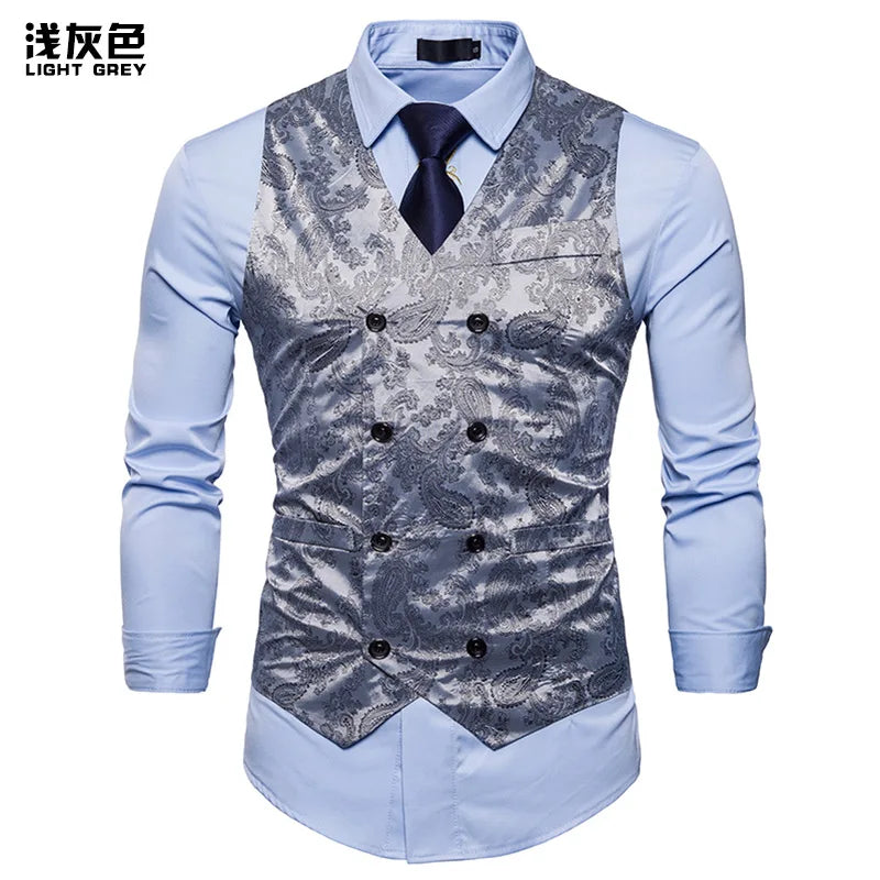 New Men's High-end Jacquard Suit Vest Fashion Double Breasted Slim Vintage Print Formal Waistcoats Men Party Wedding Vest Jacket