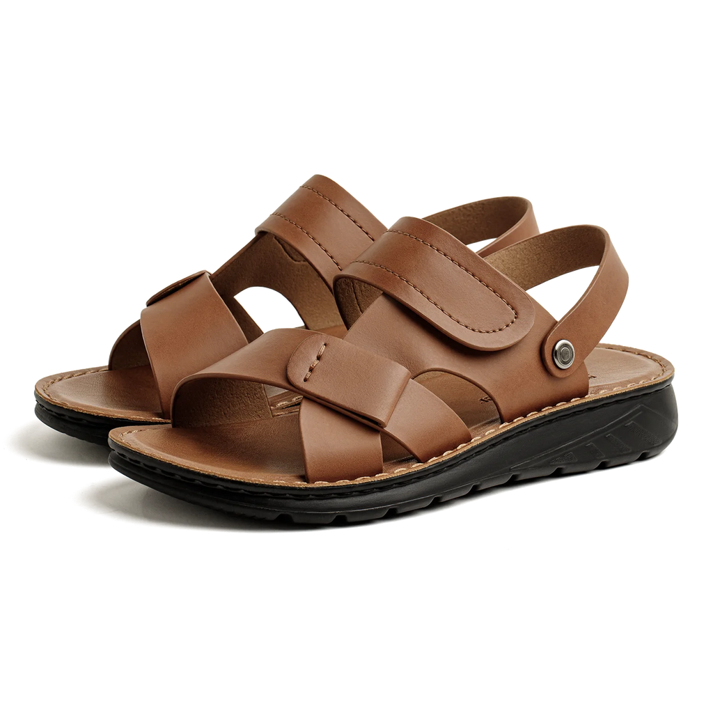 Maden Men's Summer Outdoor Sandals 2-in-1 Beach Slides Synthetic Leather Business Casual Driving Shoes Brown Adjustable Sandals