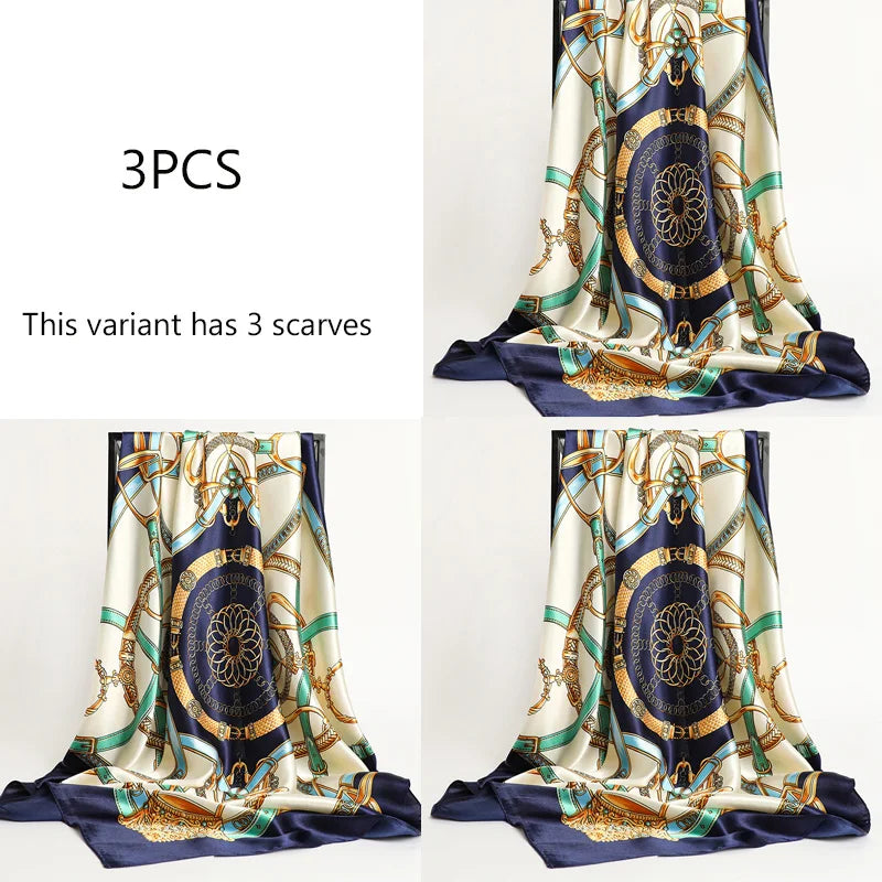 Handkerchiefs Hair Silk Scarf 90*90cm Print Satin Big Square Silk Scarves Shawls for Women Luxury Brand Designer Hijab Headband