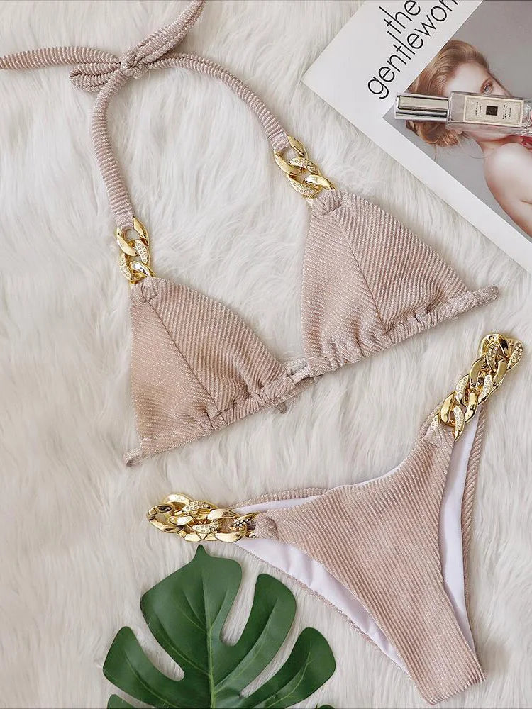 Halter Chains Rhinestone Diamond Bikini Women Swimsuit Female Ribbed Swimwear Two Pieces Bikini set Brazilian Bathing Suit Swim