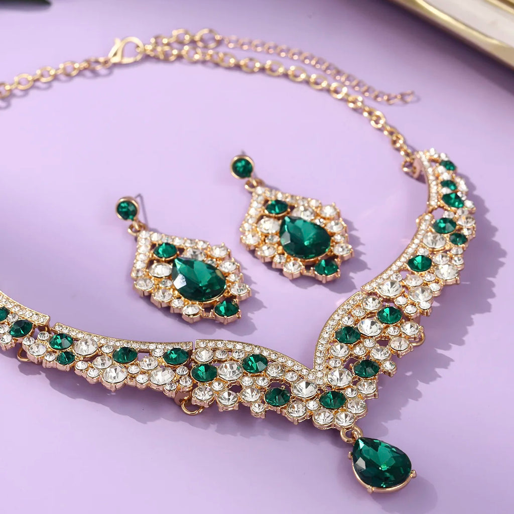 Royal Blue Crystal Wedding Jewelry Sets for Brides Luxurious V-Shape Water Drop Necklace Earrings Set Fashion Trendy Jewelry Ac