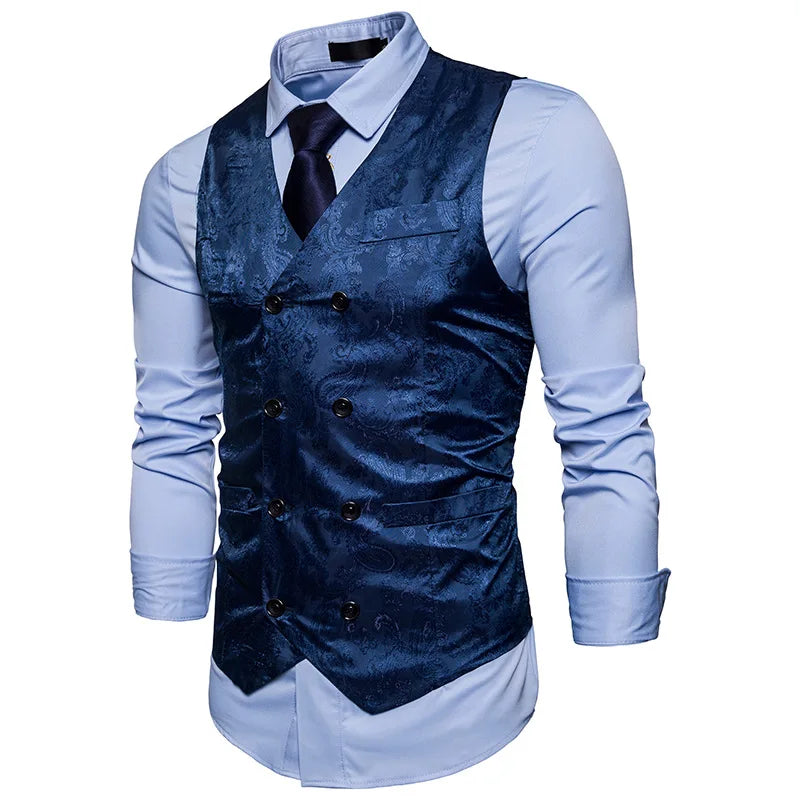 New Men's High-end Jacquard Suit Vest Fashion Double Breasted Slim Vintage Print Formal Waistcoats Men Party Wedding Vest Jacket