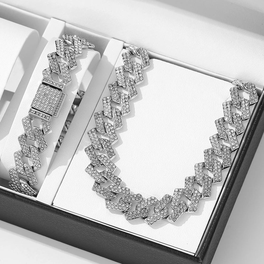 2pcs Jewelry Set Hip Hop Geometric Cuban Chain Neck Fashionable High Quality Hip Hop Rhinestones Neck Bracelet Jewelry holiday gi