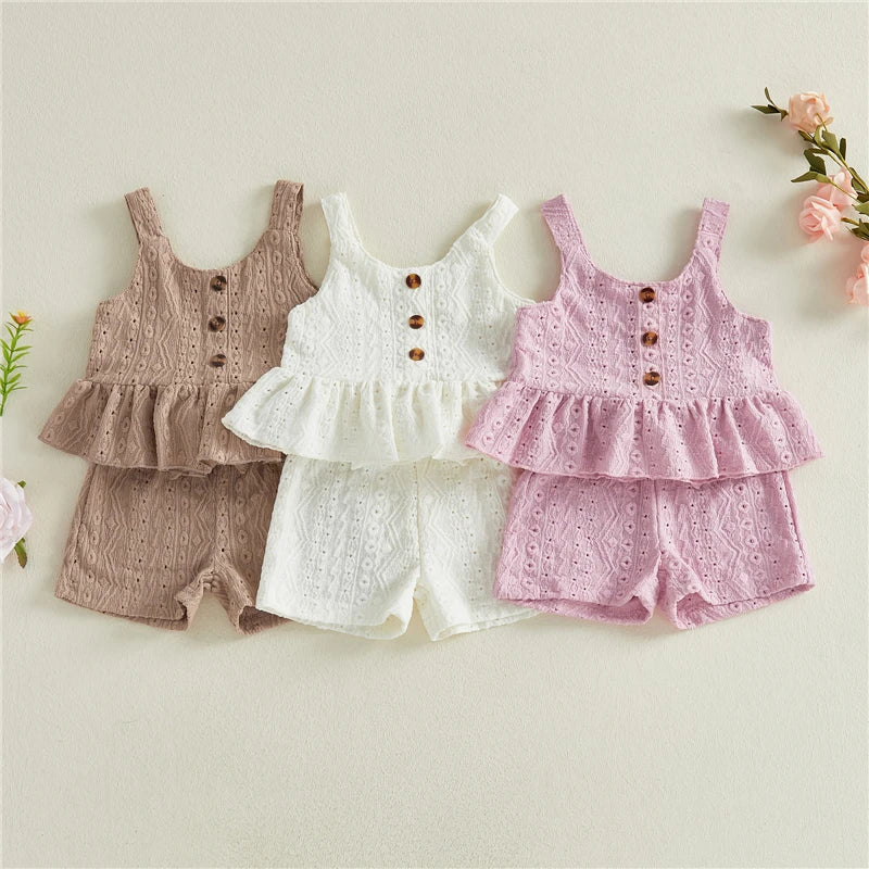 Toddler Kids Girls Clothes Set Fashion Toddler Girls Hollowed Camisole with Tie-up Shorts Solid Summer 2-piece Outfit