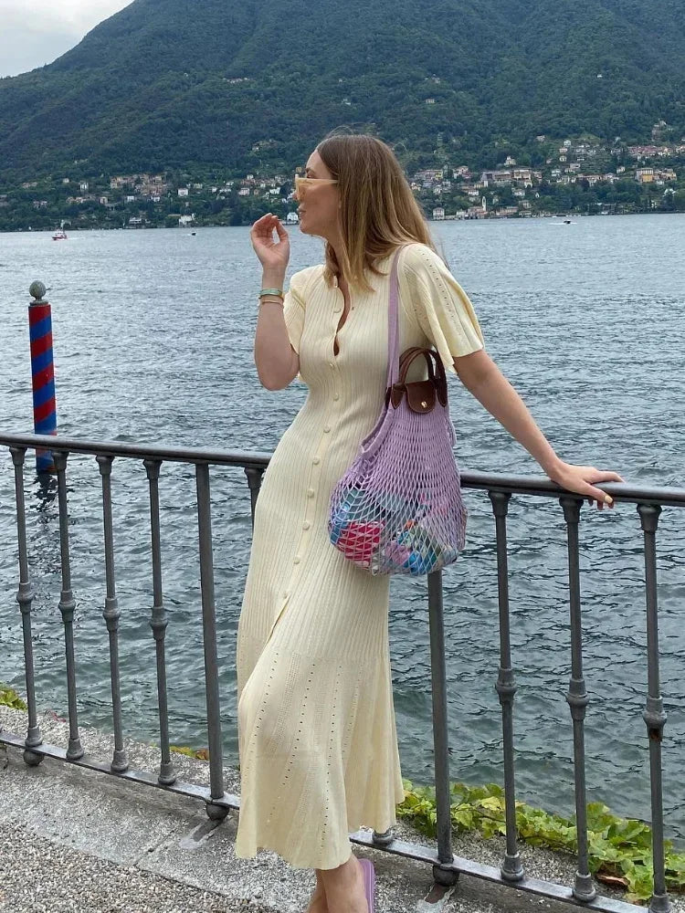 Elegant Pleated Hem Street Fashion O Neck Bell Sleeve Slim Knit Midi Dress 2026 Women Summer Beach Swimsuit Cover Up Tunic A3055