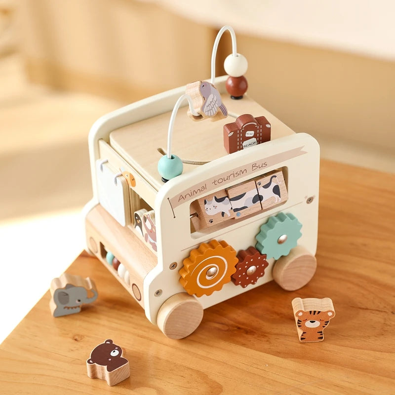 Montessori Wooden Children Toys Busy Toys Educational Games Bus 5 in 1 Busy Box Toys Montessori Baby Toys 0 12 months Gifts Kids