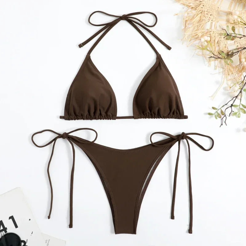 Sexy Women Thong Solid Color Bikini Set Women Side Halter Tie Swimsuit Split Strap Adjustable Brazilian Swimwear Beachwear