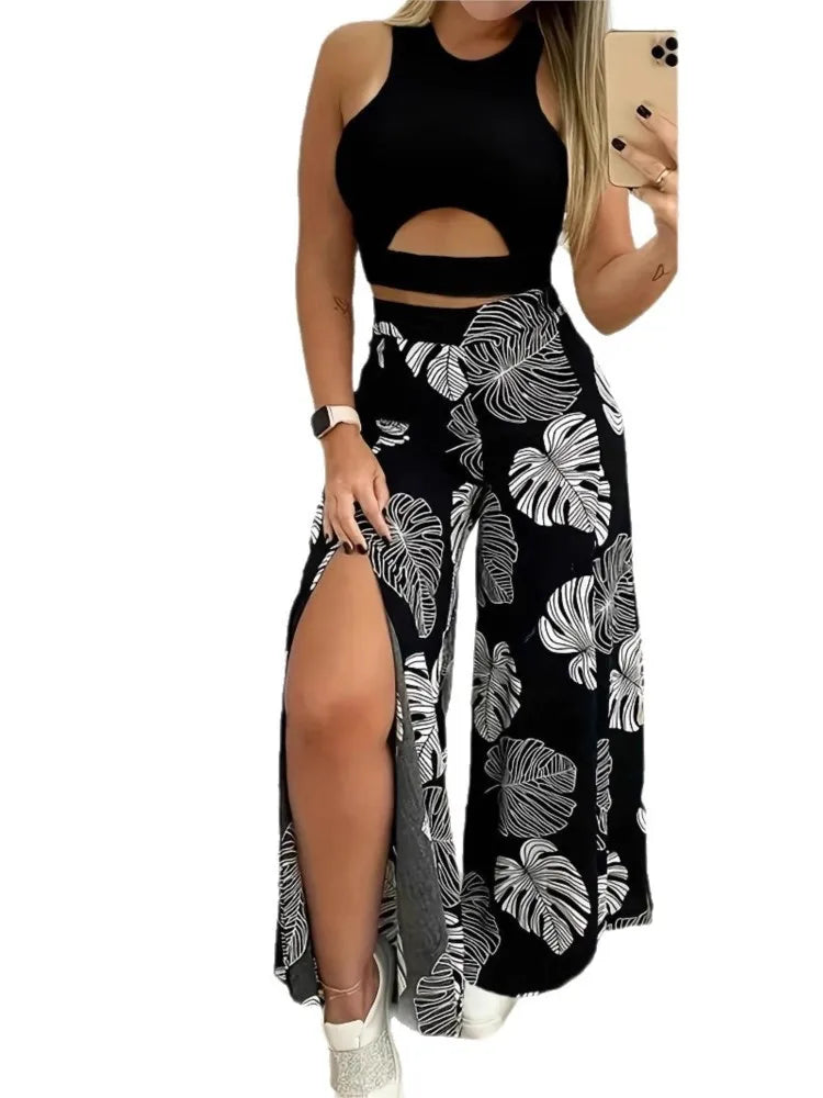 Summe Two Piece Outfits Woman New Women's Elegant Casual Hollow O Neck Short Vest Printed Trousers Set Women Clothes