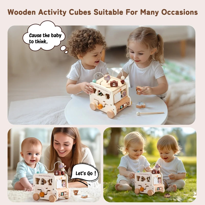 Montessori Wooden Children Toys Busy Toys Educational Games Bus 5 in 1 Busy Box Toys Montessori Baby Toys 0 12 months Gifts Kids