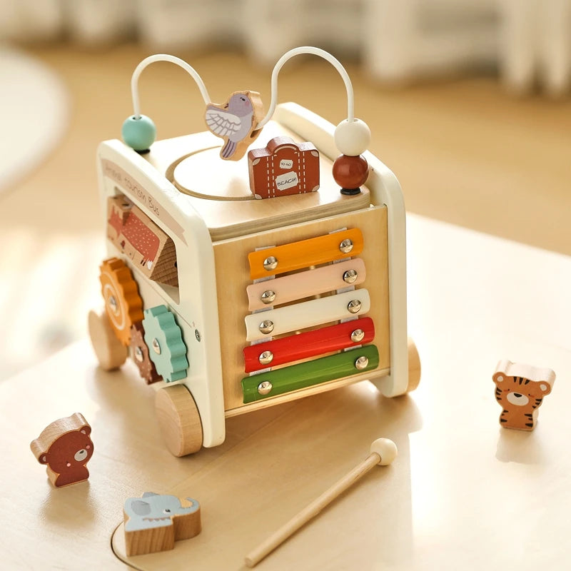 Montessori Wooden Children Toys Busy Toys Educational Games Bus 5 in 1 Busy Box Toys Montessori Baby Toys 0 12 months Gifts Kids