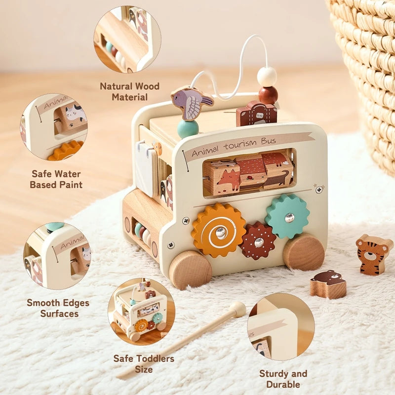 Montessori Wooden Children Toys Busy Toys Educational Games Bus 5 in 1 Busy Box Toys Montessori Baby Toys 0 12 months Gifts Kids