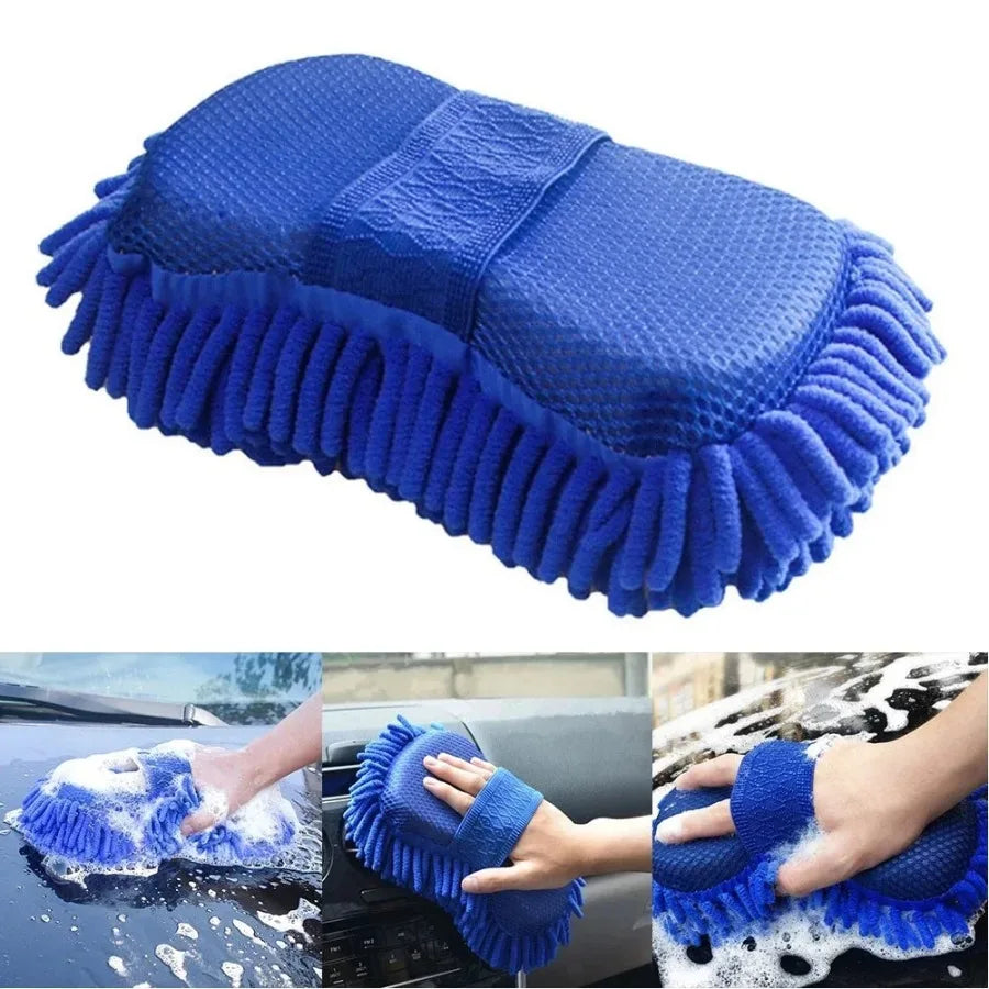 【Blue Microfiber Chenille Car Wash Sponge】1PC Auto Cleaning Pad | Absorbent Gloves | Styling Accessory