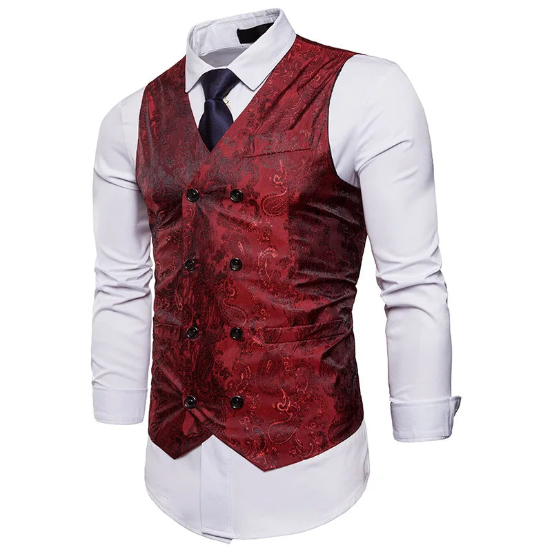 New Men's High-end Jacquard Suit Vest Fashion Double Breasted Slim Vintage Print Formal Waistcoats Men Party Wedding Vest Jacket