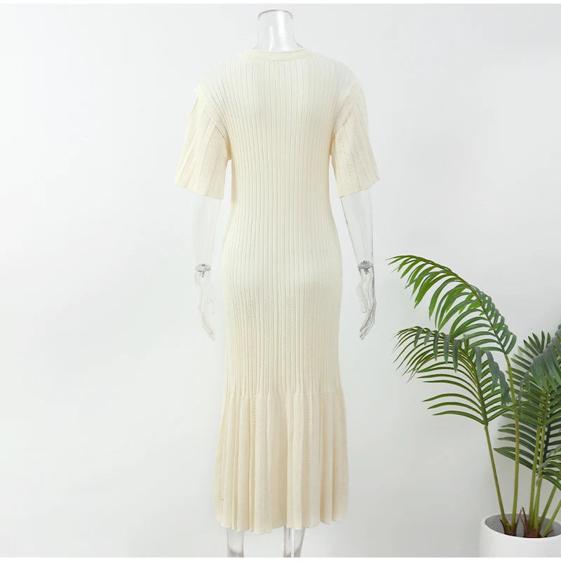 Elegant Pleated Hem Street Fashion O Neck Bell Sleeve Slim Knit Midi Dress 2026 Women Summer Beach Swimsuit Cover Up Tunic A3055