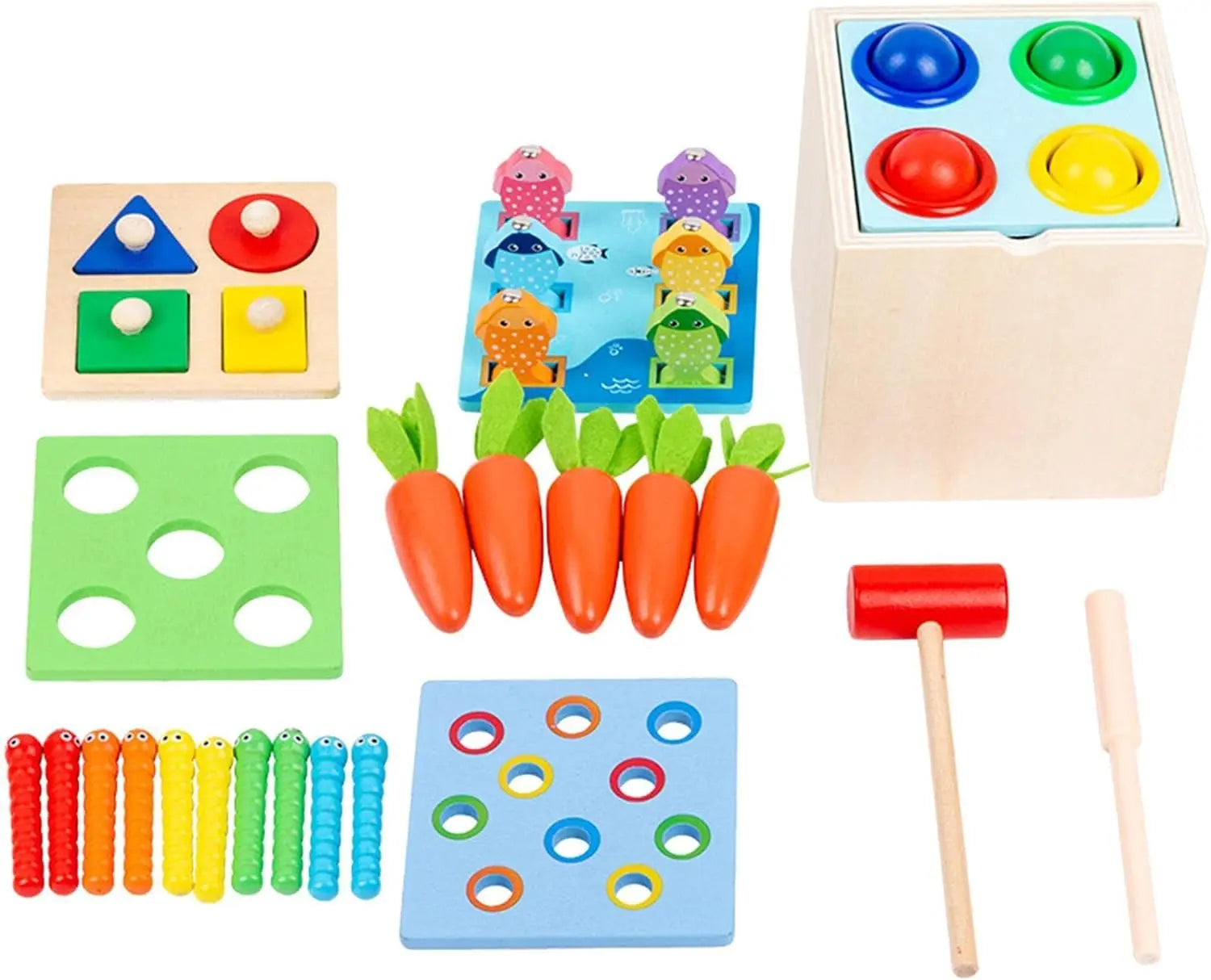 Montessori  Wooden Toy Includes Color Sorting  ,Pulling Carrots, Fishing, Insect Catching Games, Fine Motor Skills Toy
