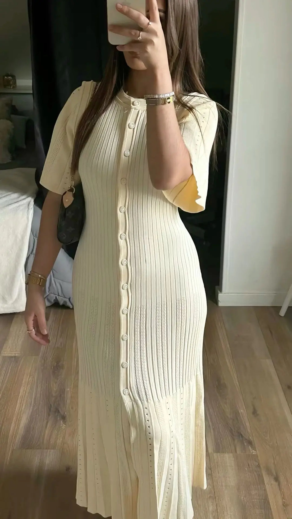 Elegant Pleated Hem Street Fashion O Neck Bell Sleeve Slim Knit Midi Dress 2026 Women Summer Beach Swimsuit Cover Up Tunic A3055