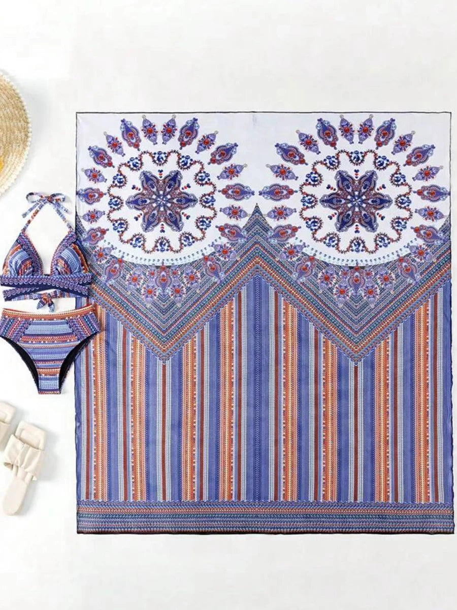 3 Pieces Printed Cross Bikinis 2026 Women Padded Swimwear With Outer Drape Swimsuit Female Bathers Bathing Swimming Suit
