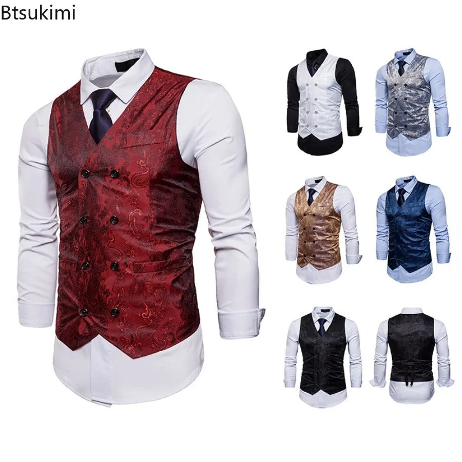 New Men's High-end Jacquard Suit Vest Fashion Double Breasted Slim Vintage Print Formal Waistcoats Men Party Wedding Vest Jacket