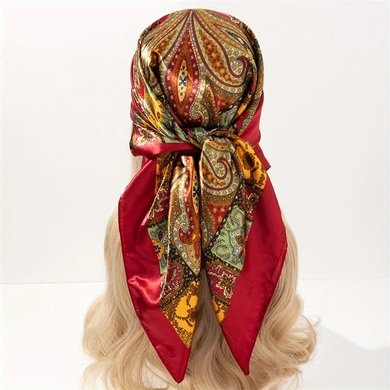 Handkerchiefs Hair Silk Scarf 90*90cm Print Satin Big Square Silk Scarves Shawls for Women Luxury Brand Designer Hijab Headband